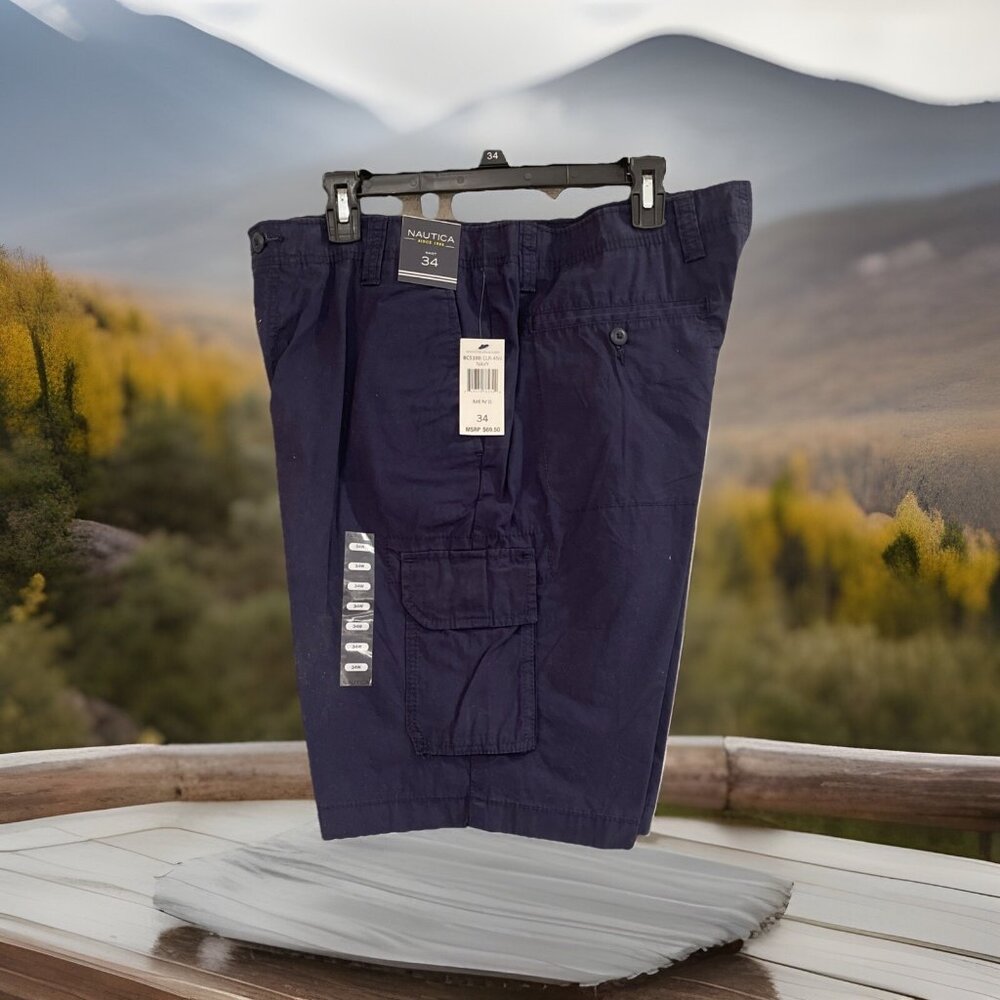 NWT Nautica Shorts Mens 34‎ Navy Blue Pier 57 Cargo Casual SUMMER Fish Beach Vac